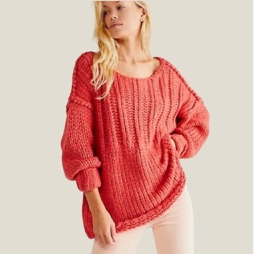 Free People My Only Sunshine Oversized‎ Chunky Knit Sweater Coral Pink Large